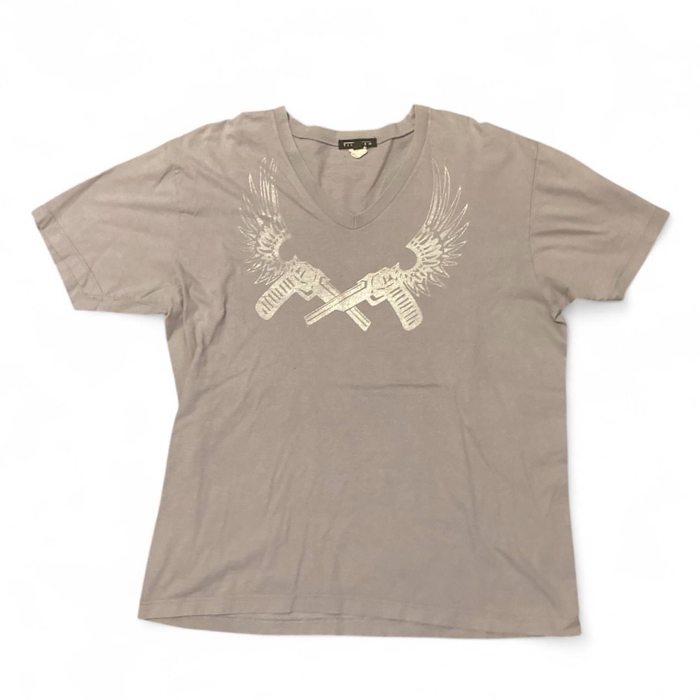 Vintage 00s Timoteo winged revolver tee v neck muave silver rocker L/21